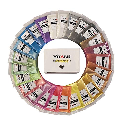 Pigmento en polvo de mica (25 colores 10 g cada uno) el último gran pigmento en polvo efecto metálico para pigmento de color resina epoxi, kit para hacer jabón