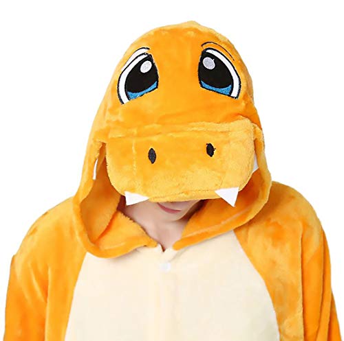 Pijama Animal Entero Unisex con Capucha Cosplay Pyjamas Ropa de Dormir Traje de Disfraz para Festival de Carnaval Halloween Navidad (Dinosaurio Naranja, XL)