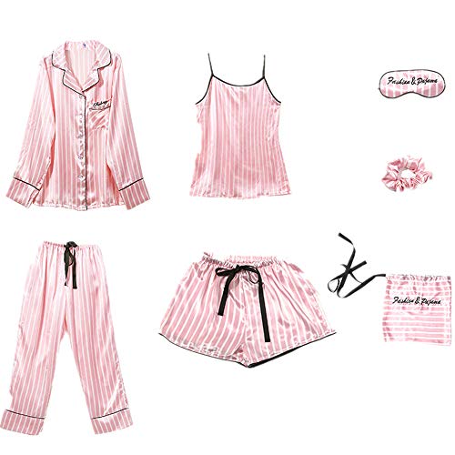 Pijama de seda de hielo para mujer de primavera y verano, de 7 piezas, cómodo y de moda Rosa rosa S