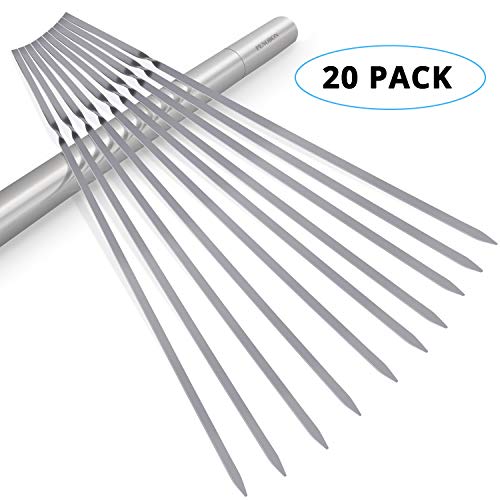 Pinchos para barbacoa de 35 cm (juego de 20), acero inoxidable Pinchos Shish Kebab Parrillas de metal planas Pinchos reutilizables para barbacoa con tubo de almacenamiento portátil