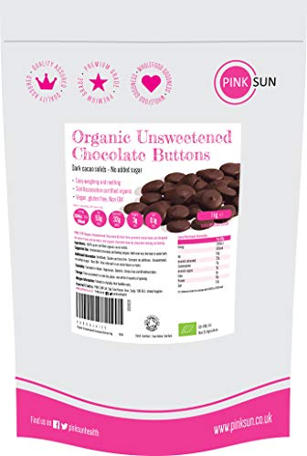 PINK SUN Chocolate sin Azúcar Orgánico 1kg (o 500g) 100% Masa de Cacao Para Cocinar Sólidos Puro Bio en Forma de Botón Pasta de Perú Organic Unsweetened Chocolate Buttons 1000g Bulk