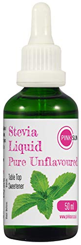 PINK SUN Estevia Liquida Gotas 50ml Puro Sin Sabor (o Vainilla, Caramelo, Fresa, Coco) Edulcorante Reemplazo de Azúcar en Botella de Vidrio Sin Alcohol Sin Gluten Stevia Liquid Drops Pure Unflavoured