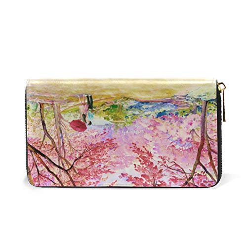 Pintura De Color Rosa Cereza Silvestre Monedero Cremallera Billetera de Cuero Real Patrón Impresión Bolso para Niño Mujeres Teléfono Chica Hombre