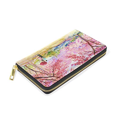 Pintura De Color Rosa Cereza Silvestre Monedero Cremallera Billetera de Cuero Real Patrón Impresión Bolso para Niño Mujeres Teléfono Chica Hombre