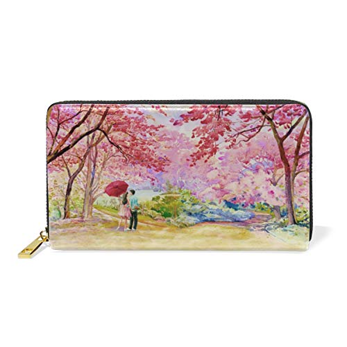 Pintura De Color Rosa Cereza Silvestre Monedero Cremallera Billetera de Cuero Real Patrón Impresión Bolso para Niño Mujeres Teléfono Chica Hombre