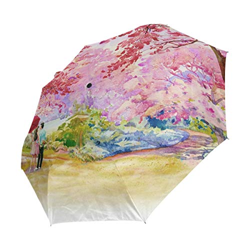 Pintura De Color Rosa Cereza Silvestre Paraguas Plegable Hombre Automático Abrir y Cerrar Antiviento Protección UV Ligero Compacto Paraguas para Viajes Playa Mujeres Niños Niñas