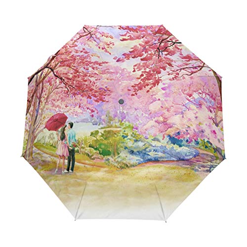 Pintura De Color Rosa Cereza Silvestre Paraguas Plegable Hombre Automático Abrir y Cerrar Antiviento Protección UV Ligero Compacto Paraguas para Viajes Playa Mujeres Niños Niñas