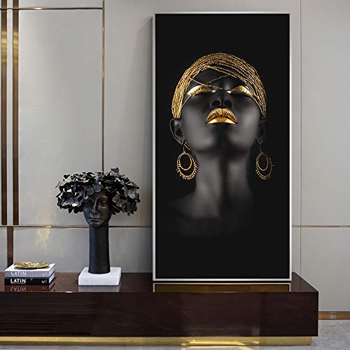 Pinturas al óleo de las mujeres africanas Imprimir en lienzo Impresiones del arte Chica negra con aretes de oro Imágenes del arte de la lona Decoración de la pared del hogar (Sin marco) R1 50x100CM