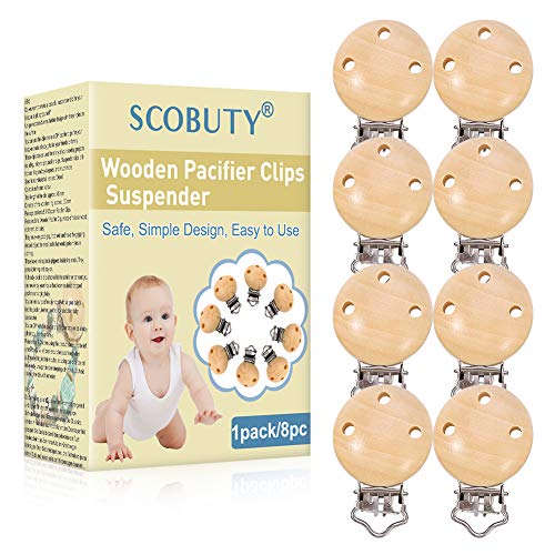 Pinza Chupetero Madera,Clip Chupetero Madera,Pinza Chupete,Clip Chupete Bebe con 3 Agujeros,Pinzas Clip de Madera para Chupeteros para Niños Bebés Clips para Chupetes Fijado a ropa Carro de bebe,8pcs