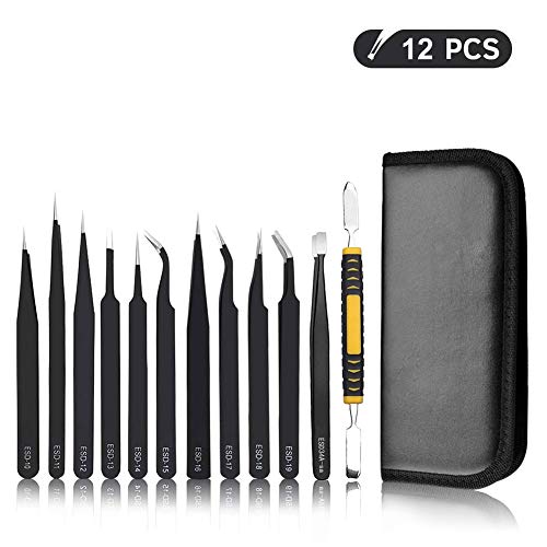 Pinzas de Precisión Kit 12pcs Kieenass Anti-Estáticas de Acero Inoxidable Pinzas Electronica para Electrónica Joyería Trabajo de Laboratorio Maintenance Tools Ceja y Pelo