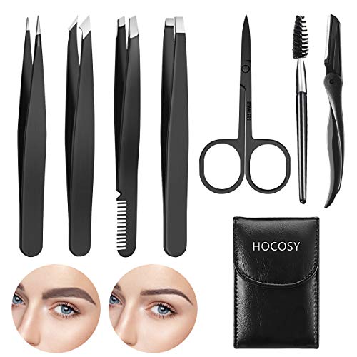 Pinzas Depilar Cejas HOCOSY 7Pcs Juego de Cejas con Pinzas de Depilar Profesionales, Peine para Cejas, Tijeras cejas, Maquinillas de Afeitar Cejas, Recortador de Cejas