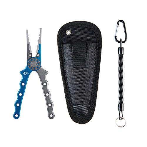 Piscifun aluminio pesca alicates cortadores de trenzado Split Ring alicates Hook Remover peces soporte con funda y correa, Blue Silver 7.1" Pliers (With 1 Sheath and 1 Lanyard)