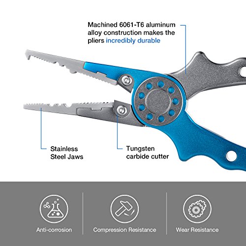 Piscifun aluminio pesca alicates cortadores de trenzado Split Ring alicates Hook Remover peces soporte con funda y correa, Blue Silver 7.1" Pliers (With 1 Sheath and 1 Lanyard)