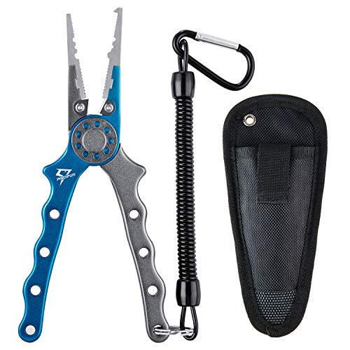 Piscifun aluminio pesca alicates cortadores de trenzado Split Ring alicates Hook Remover peces soporte con funda y correa, Blue Silver 7.1" Pliers (With 1 Sheath and 1 Lanyard)