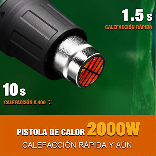 Pistola de aire caliente TECCPO 2000W, 50-650 ℃ alta potencia, 8 accesorios de boquilla, calentamiento rápido en segundos (tiempo de trabajo superior a 500 horas) - TAHG08P