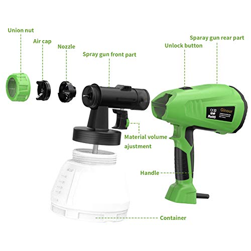 Pistola de pintura, Ginour Pistola de pulverización, Gran capacidad 1300ML, Pintura Eléctrica 800ml/Min, 3 modos de pintar, 4 boquillas de cobre puro, 4 filtros fumigación fina para mejores resultados