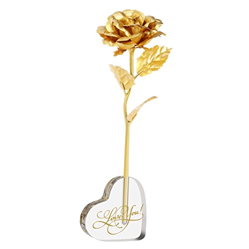 PIXNOR Flor de rosa de hoja de oro de 24K con corazón de acrílico en forma de Base de soporte, de la madre día de San Valentín regalo día regalo cumpleaños regalo aniversario