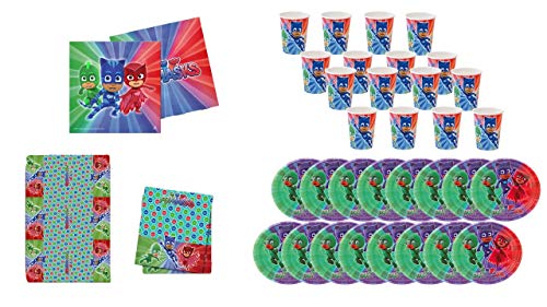 PJ Masks 0461, Pack Desechables Fiesta y Cumpleaños, 16 Vasos, 16 Platos 23 cm, 20 servilletas y 1 Mantel 120x180 cms