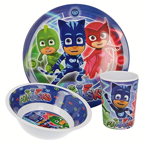 PJ Masks | | Set Vajilla de Melamina Infantil - Resistente I Servicio de Mesa Libre de BPA para niños y bebés - 3 Piezas: Vaso de Beber, Plato y Cuenco