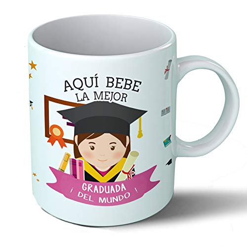 Planetacase Taza Desayuno Aquí Bebe la Mejor graduada del Mundo Regalo Original graduación Fin de Carrera Ceramica 330 mL