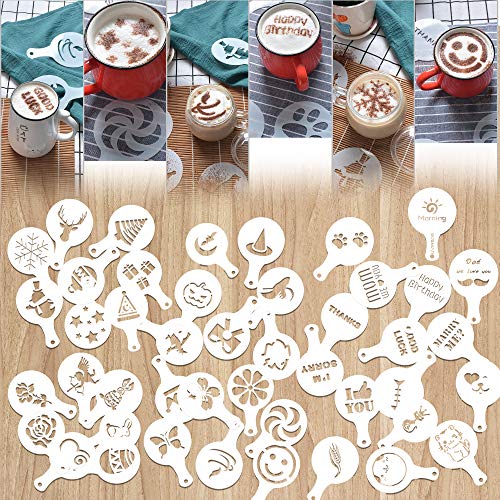 Plantillas de café SOSMAR con 45 patrones, plantillas para Halloween, Navidad, mamá, papá, perro, gato, para chocolate caliente, capuchino, glaseado de galletas, decoración de magdalenas