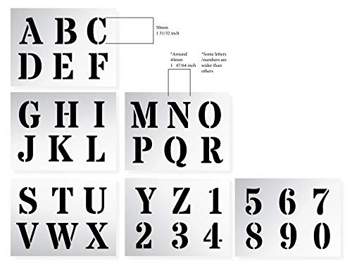 Plantillas Letras Stencil - Plantillas del Alfabeto – 5 cm de altura – Alphabet y Números 0-9, Mayúsculas Roman – en 6 hojas de 200 x 148mm
