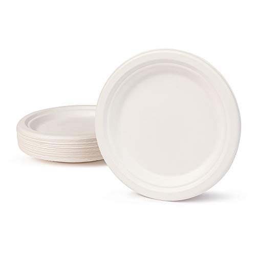 Plato de Color Blanco, caña de azúcar o bagazo, 100% Biodegradable y Completamente compostable. Ideal para Fiestas Eventos Bodas Picnic barbacoas Catering. (Platos 17 cm. 50 Unidades)