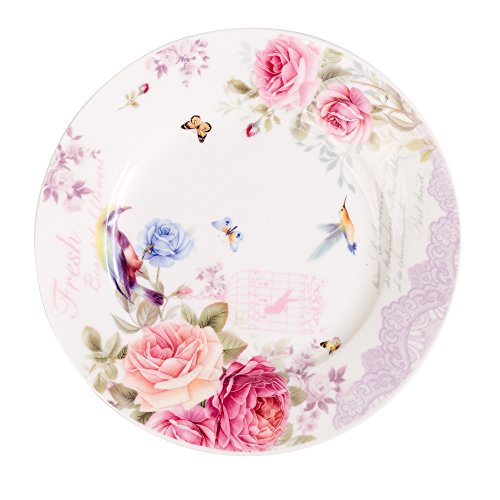 Plato de postre de porcelana fina China lateral para tartas, Rose Bird Butterfly, 8" 20cm