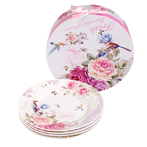 Plato de postre de porcelana fina China lateral para tartas, Rose Bird Butterfly, 8" 20cm