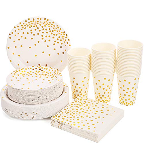 Platos Desechables Fiesta Oro Blanco 200PCS Vajilla Papel Cumpleaños Desechable Incluye Platos de Papel de 9" y 7",Vasos de 12oz y Servilletas,para Despedida de Soltera,Compromiso,Boda (50 Invitados)