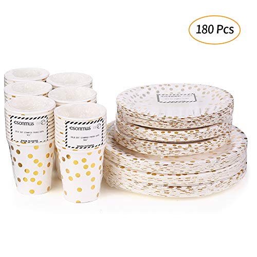 Platos Desechables y Vasos Cumpleaños, Juego de 180 Piezas Vasos de Carton y Plates con Patrón Dorado - 60 Vasos de Papel 270ml - 60 Platos de Postre 7"- 60 Platos Grandes 9"