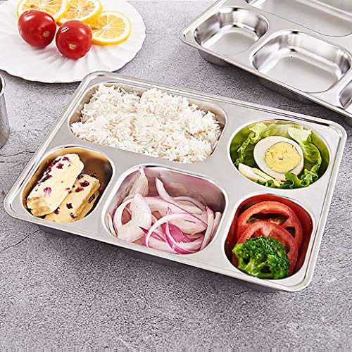 Platos divididos de acero inoxidable con compartimento, bandeja rectangular para cafetería, plato de comida, recipiente para almuerzo, para la cantina escolar 3/4/5 Sectionb 04.