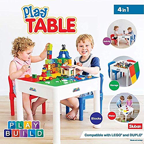 PlayBuild jugar y construer 4 in 1 niños Mesa y sillas para actividades en interiores, juegos al aire libre, almacenamiento de juguetes y bloques de construcción. Incluye 2 sillas para niños pequeños.