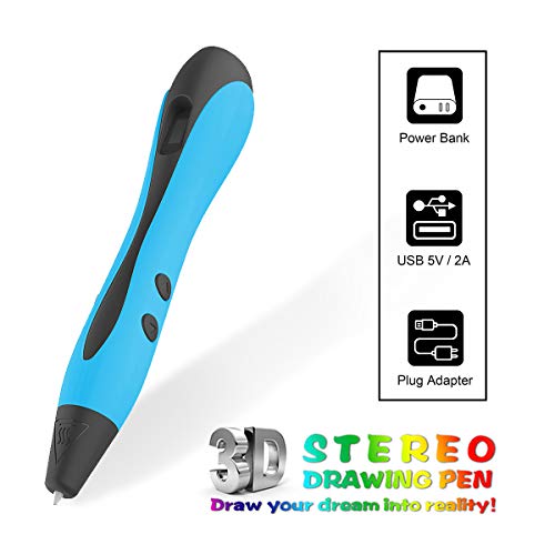 Pluma 3D Azul con Pantalla LCD, Motor Militar, 2 Dediles, 9 Plantillas de Papel, 12 Colores PLA, 1 Portalápices/Compatible con Filamentos de PLA & ABS/JIAMA JM-B661