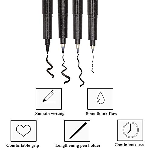Pluma de caligrafía, Vakki 4 Tamaños, Marcadores de Ttinta Negra Recargables y 1 Recambios para Principiantes Escribiendo, Letras, Firma, Bullet Journaling, Art Drawing, Ilustración, Diseño