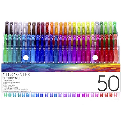 Plumas con purpurina 100 de Chromatek. Los mejores colores. 200% La tinta: 50 plumas de gel, 50 recargas. Super Glittery Ultra Vivid Colors. No se repite. Bolígrafos profesionales de arte.