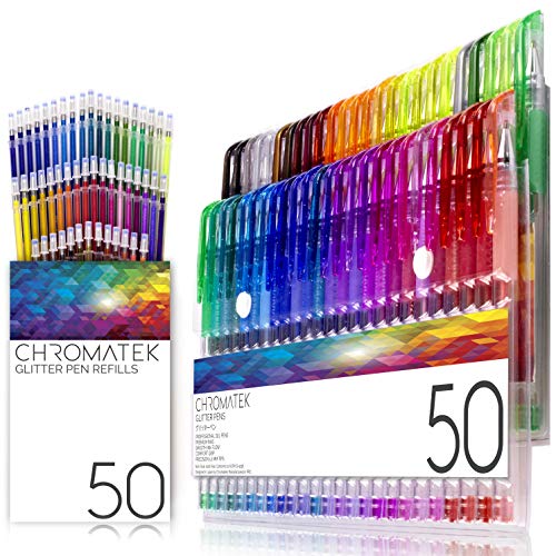 Plumas con purpurina 100 de Chromatek. Los mejores colores. 200% La tinta: 50 plumas de gel, 50 recargas. Super Glittery Ultra Vivid Colors. No se repite. Bolígrafos profesionales de arte.