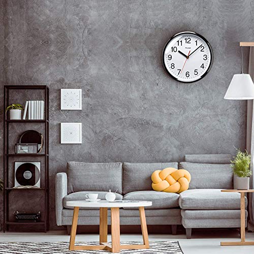 Plumeet 25 cm Reloj de Cuarzo de Pared silencioso, Decorativo para el hogar/la Cocina/la Oficina/la Escuela, fácil Leer y con Pilas (Negro)