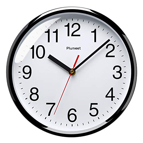 Plumeet 25 cm Reloj de Cuarzo de Pared silencioso, Decorativo para el hogar/la Cocina/la Oficina/la Escuela, fácil Leer y con Pilas (Negro)