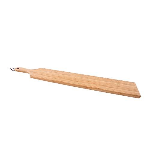 Point-Virgule - Tabla para servir de madera de bambú con mango y correa de piel para cortar y servir carne o queso, accesorio para barbacoa, marrón y blanco, rectangular, madera bambú, 90 x 14 x 2 cm