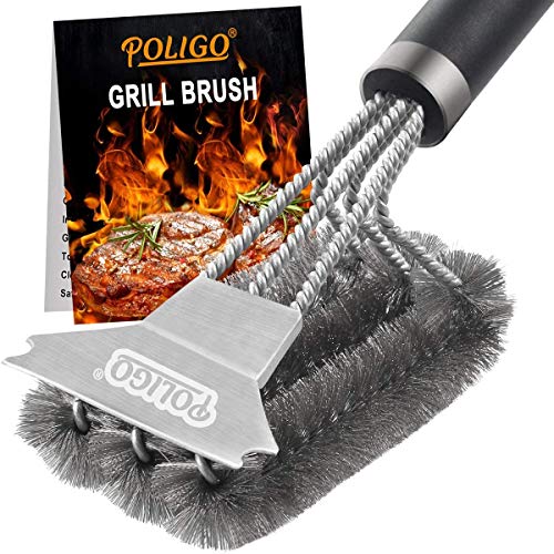 POLIGO Cepillo y Raspador De Parrilla De Mango Cepillo De Barbacoa De Alambre De Acero Inoxidable Seguro para Parrillas De Carbón Infrarrojo a Gas - El Mejor Cepillo De Limpieza De Barbacoa