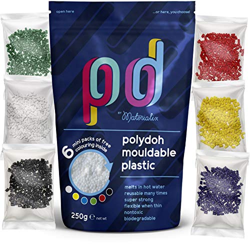 Polydoh plástico moldeable + 6 libre paquetes de colorear gránulos, plástico, 250g (también conocido como polimorph, plastimake o instamorph)