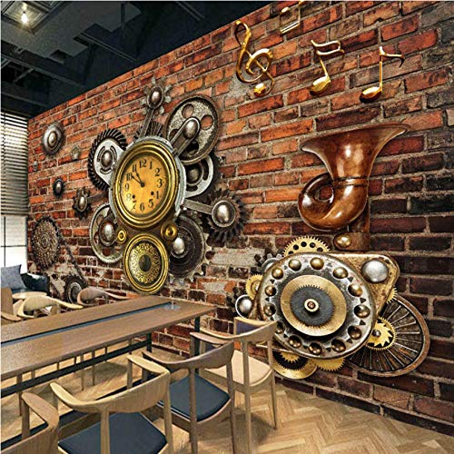 ponana Papel Tapiz Fotográfico 3D Pared De Ladrillo Rojo Pintura Europea Retro Música Engranaje Papel Tapiz Cafetería Living Bar Maquinaria Industria Mural-200X140Cm