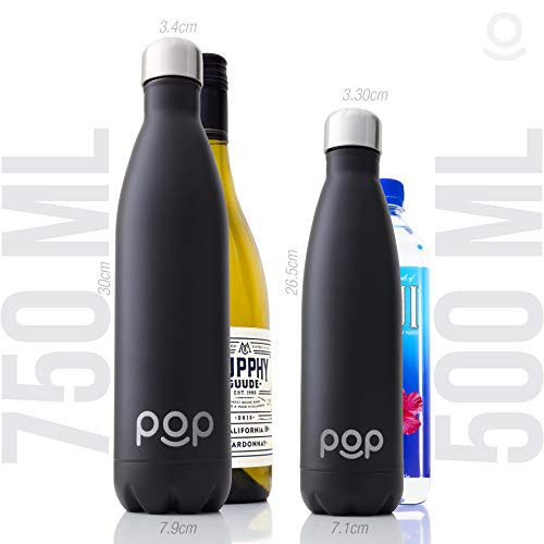 POP Botella de Agua, Mantiene Bebidas frías por 24h y Calientes por 12h, Acero Inoxidable con Aislamiento en vacío, Tapón Anti Goteo y Anti Sudor, Boquilla Estrecha y Libre de BPA, 740 ML, Onyx