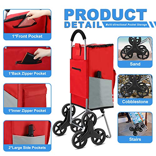 Popolic Carrito de Compra, Carro Plegable, Carro Compra con 6 Ruedas, Escalada Carro, Bolsa de Rxtraíble Impermeable, Altura 110cm - Rojo