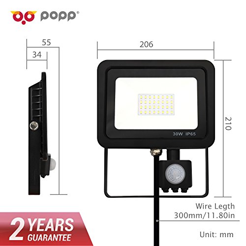 Popp Foco con Sensor Movimiento 30W Proyector LED Exterior Iluminación de Exterior Segura, Impermeable IP65, Lámpara de luz blanca para Jardín, Camino,resistente al agua.