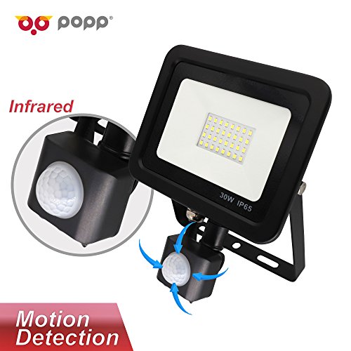 Popp Foco con Sensor Movimiento 30W Proyector LED Exterior Iluminación de Exterior Segura, Impermeable IP65, Lámpara de luz blanca para Jardín, Camino,resistente al agua.