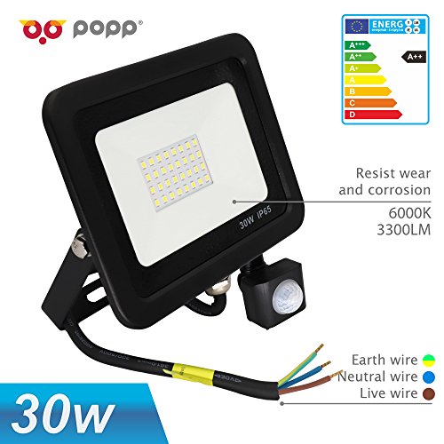 Popp Foco con Sensor Movimiento 30W Proyector LED Exterior Iluminación de Exterior Segura, Impermeable IP65, Lámpara de luz blanca para Jardín, Camino,resistente al agua.