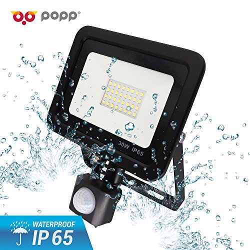 Popp Foco con Sensor Movimiento 30W Proyector LED Exterior Iluminación de Exterior Segura, Impermeable IP65, Lámpara de luz blanca para Jardín, Camino,resistente al agua.