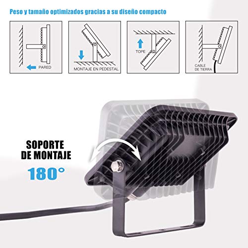 POPP® Foco Proyector LED 50W para uso Exterior Iluminación Decoración 6000K luz fria Impermeable IP65 Negro y Resistente al agua. (50)